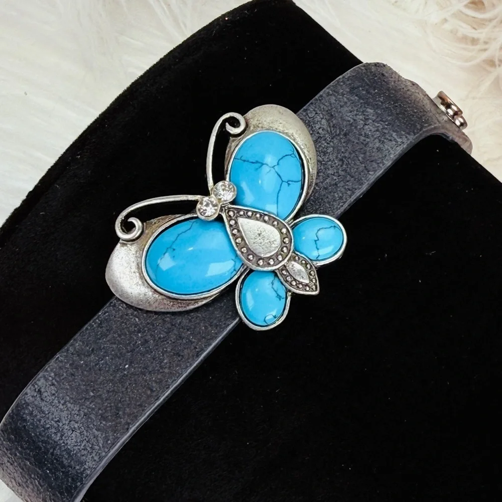 Beautiful BoHo hippie chic butterfly, black leather adjustable bracelet